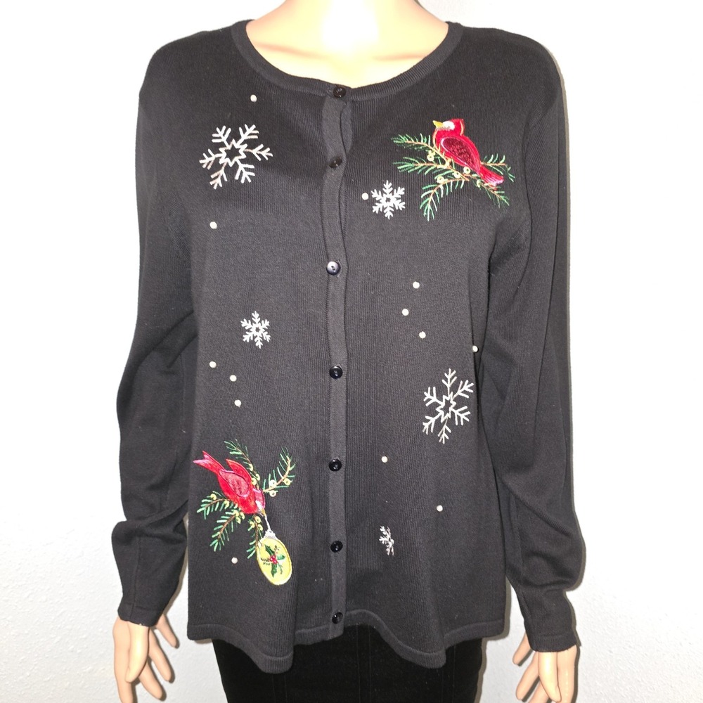 k.b.collections‎ XL Black Christmas Cardigan Sweater Embroidered Cardinal...